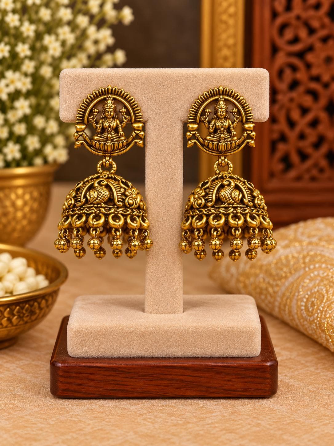 Antique Lakshmi Peacock Jhumka Earrings jewellery in Antique Gold, Jimika