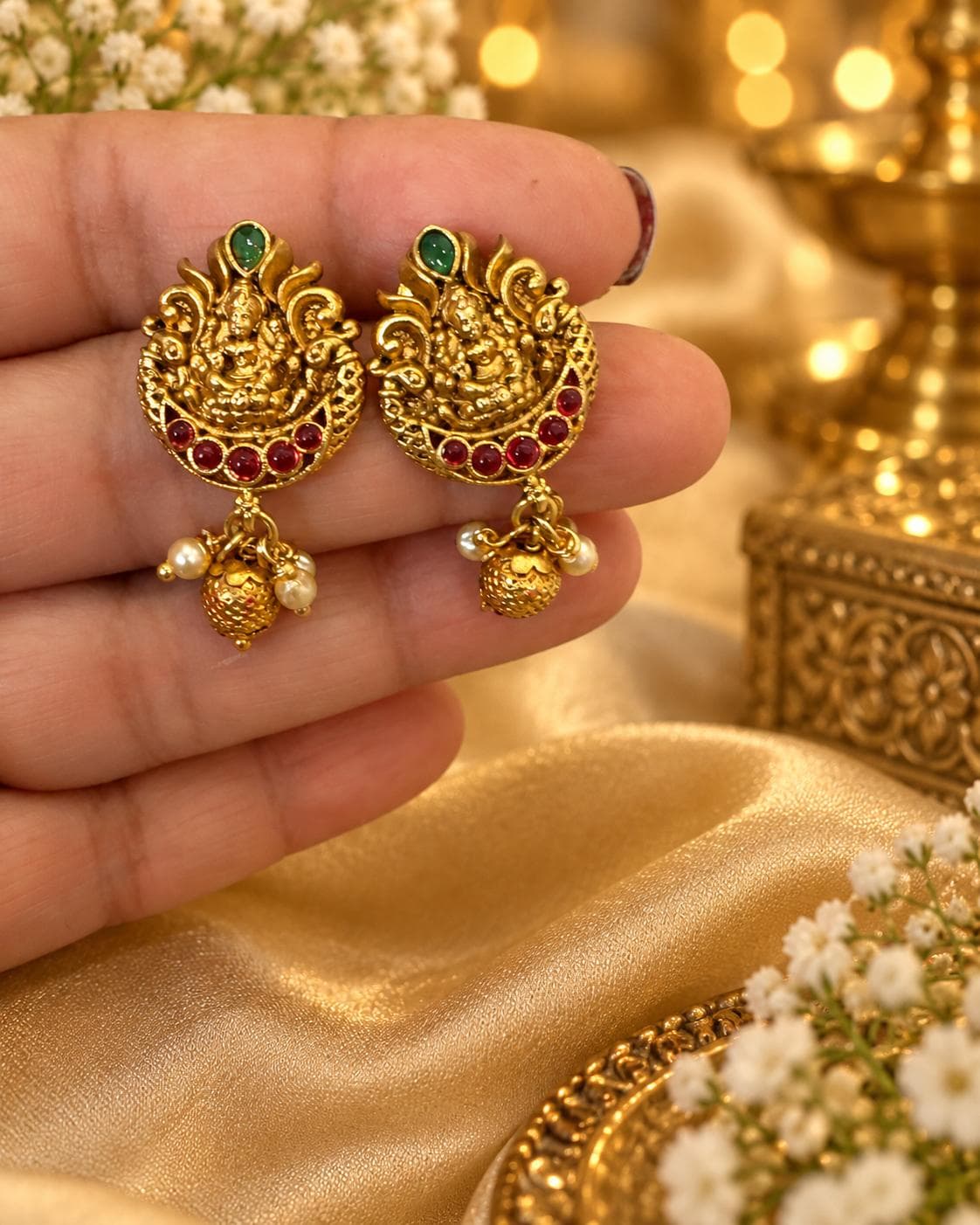 Red, Green Antique Lakshmi Stud Earring