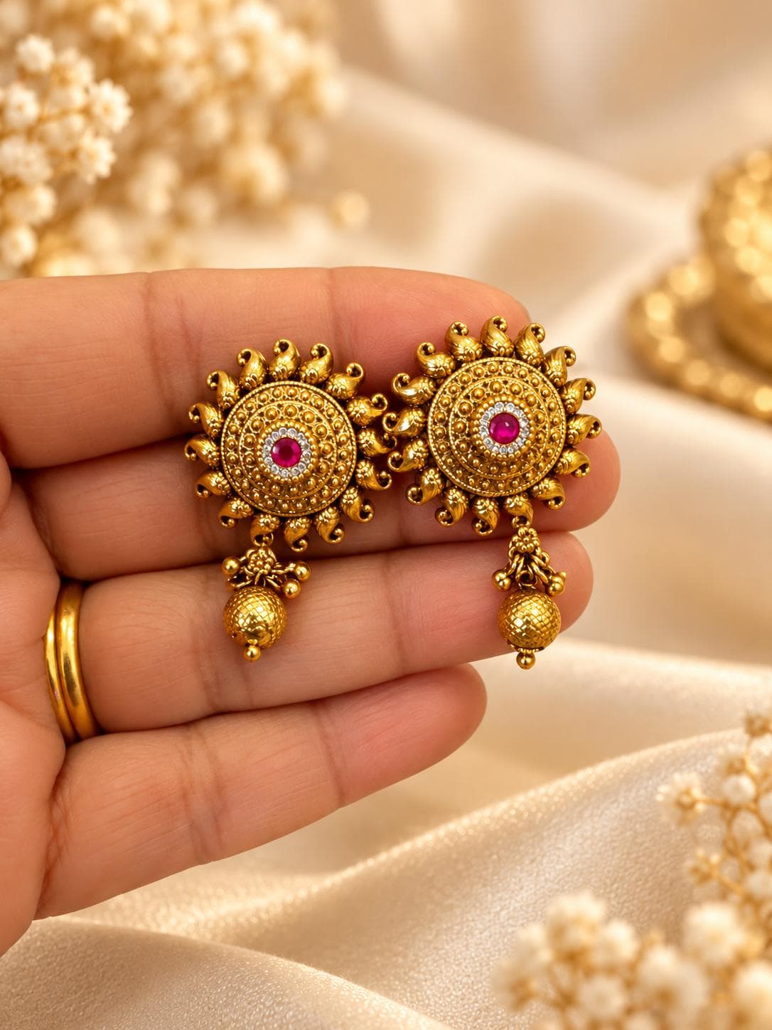 Red Sunburst Kammal Stud Earrings