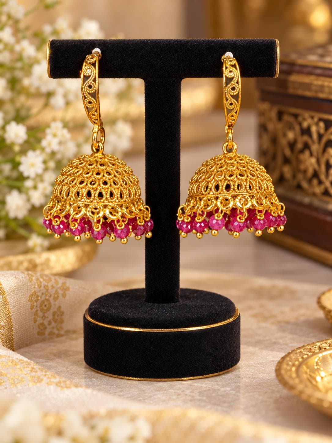 Pink Filigree Bell Jimky Earrings