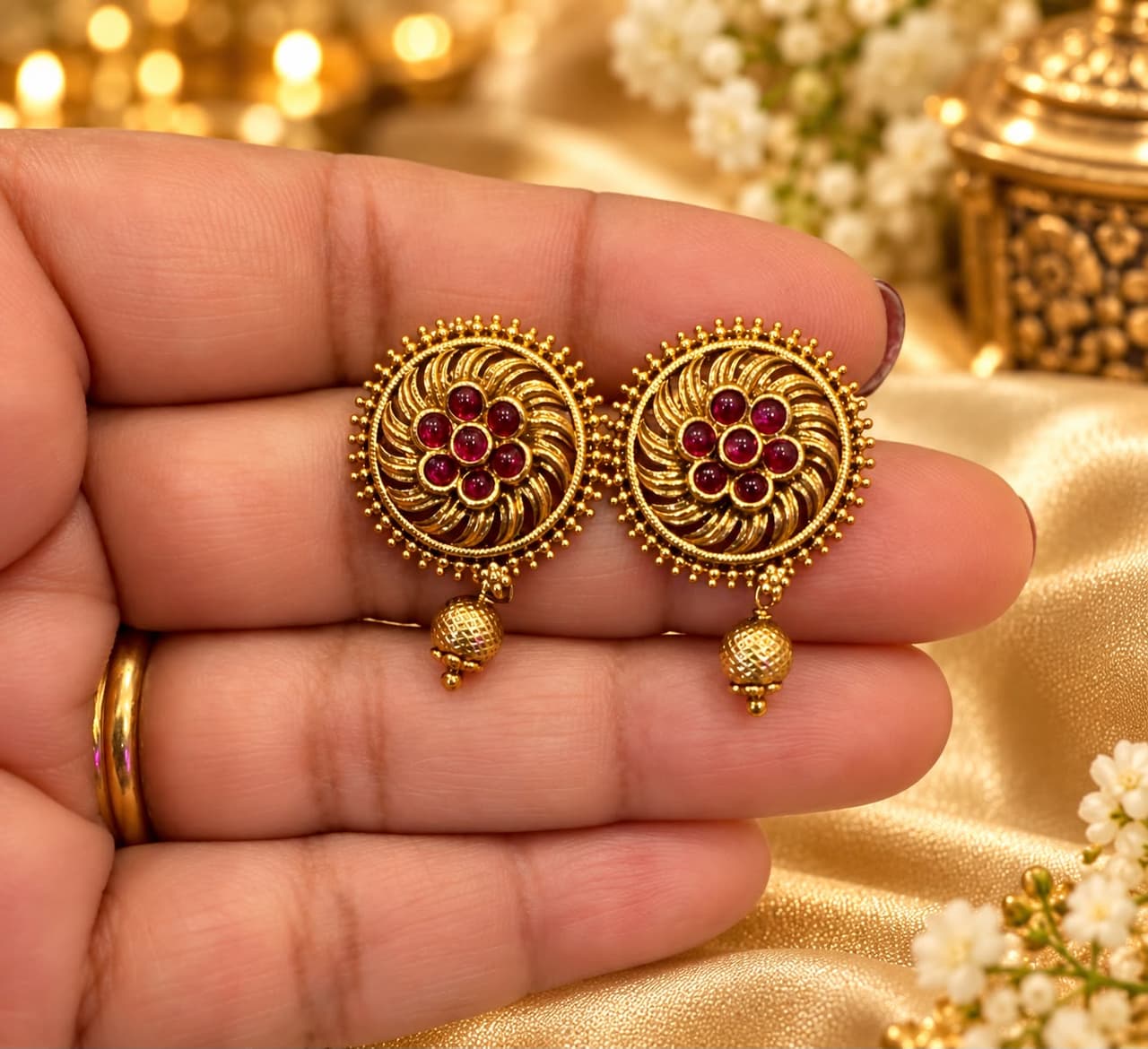 Red Floral Swirl Stud Earring