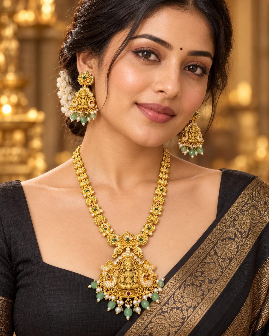 Lakshmi Temple Green Bead Necklace Set