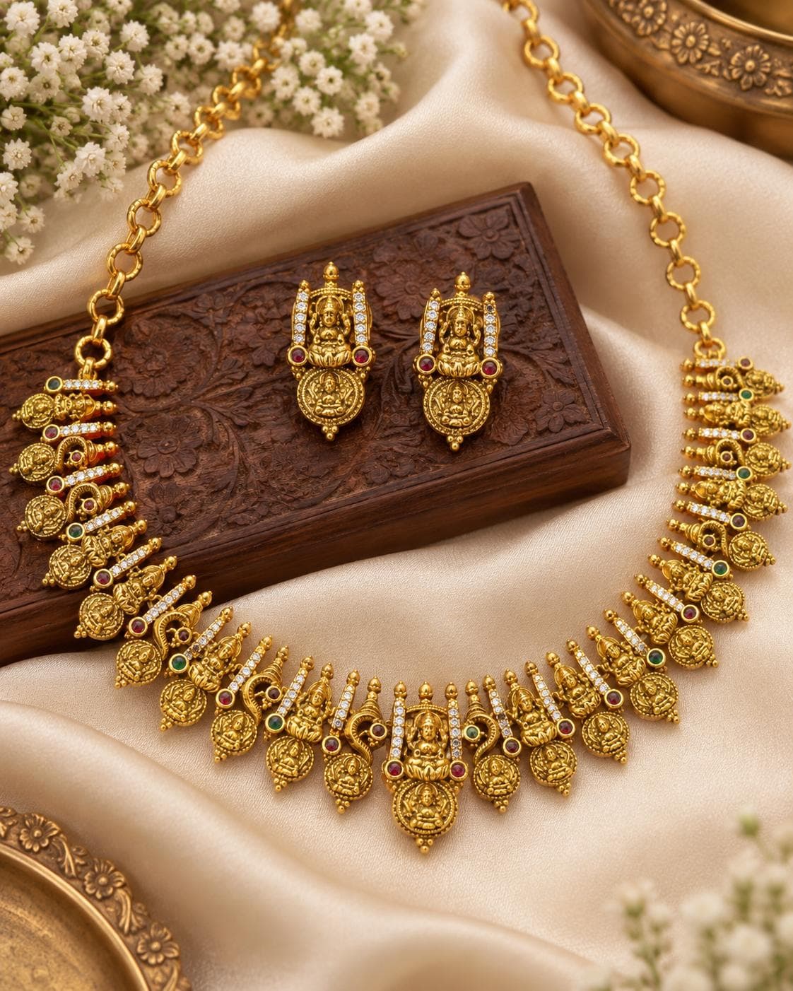 Lakshmi Temple Necklace Set With Red & Green Stone Work jewellery