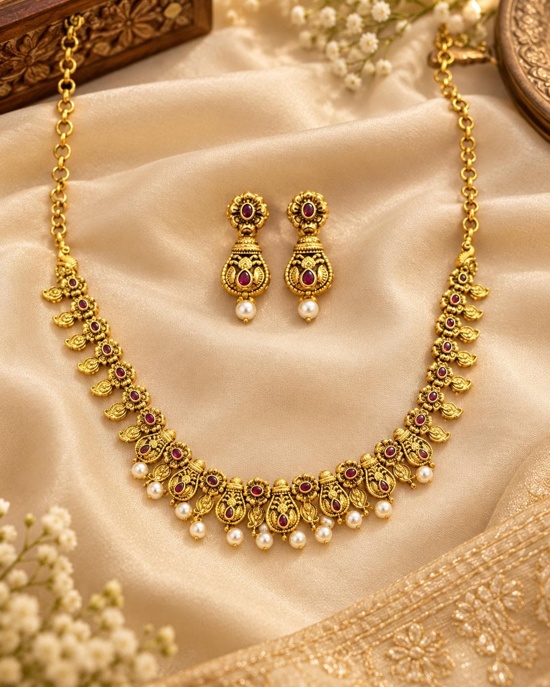 Regal Ruby-Hued Floral Necklace Set