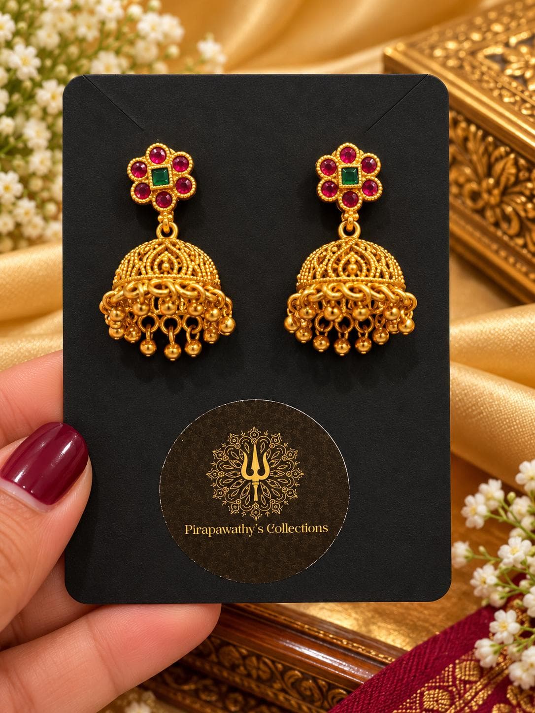 Red, Green & Gold Floral Jimika Earrings
