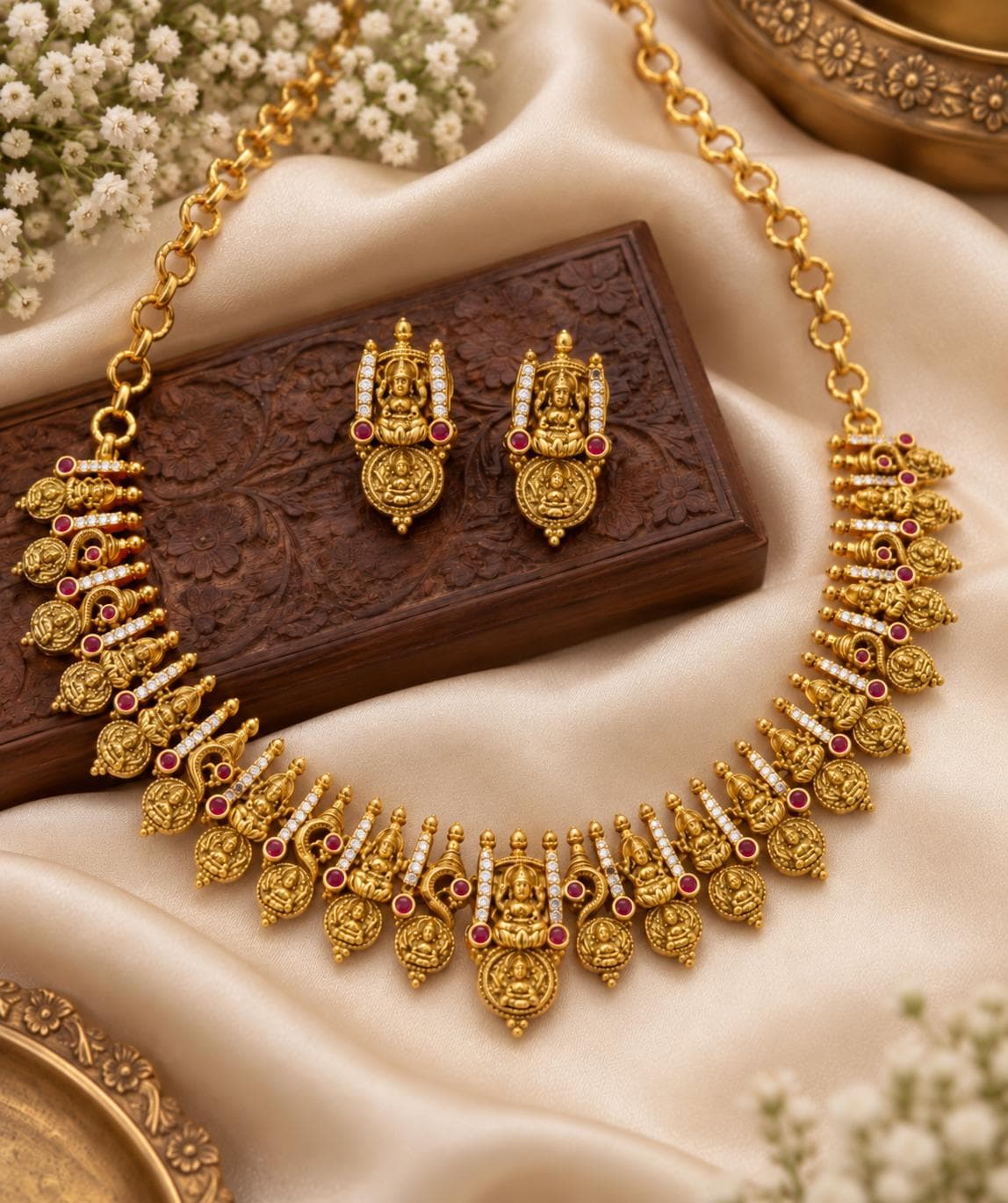 Lakshmi Temple Necklace Set With Red Stone Work jewellery