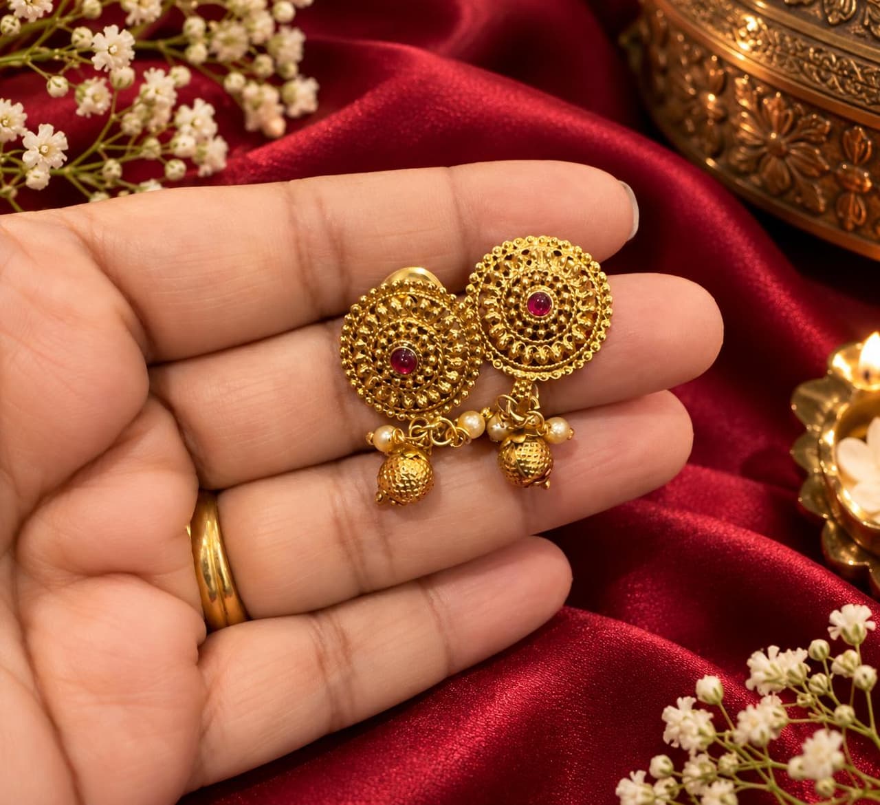 Golden Sunburst Floral Stud Earrings