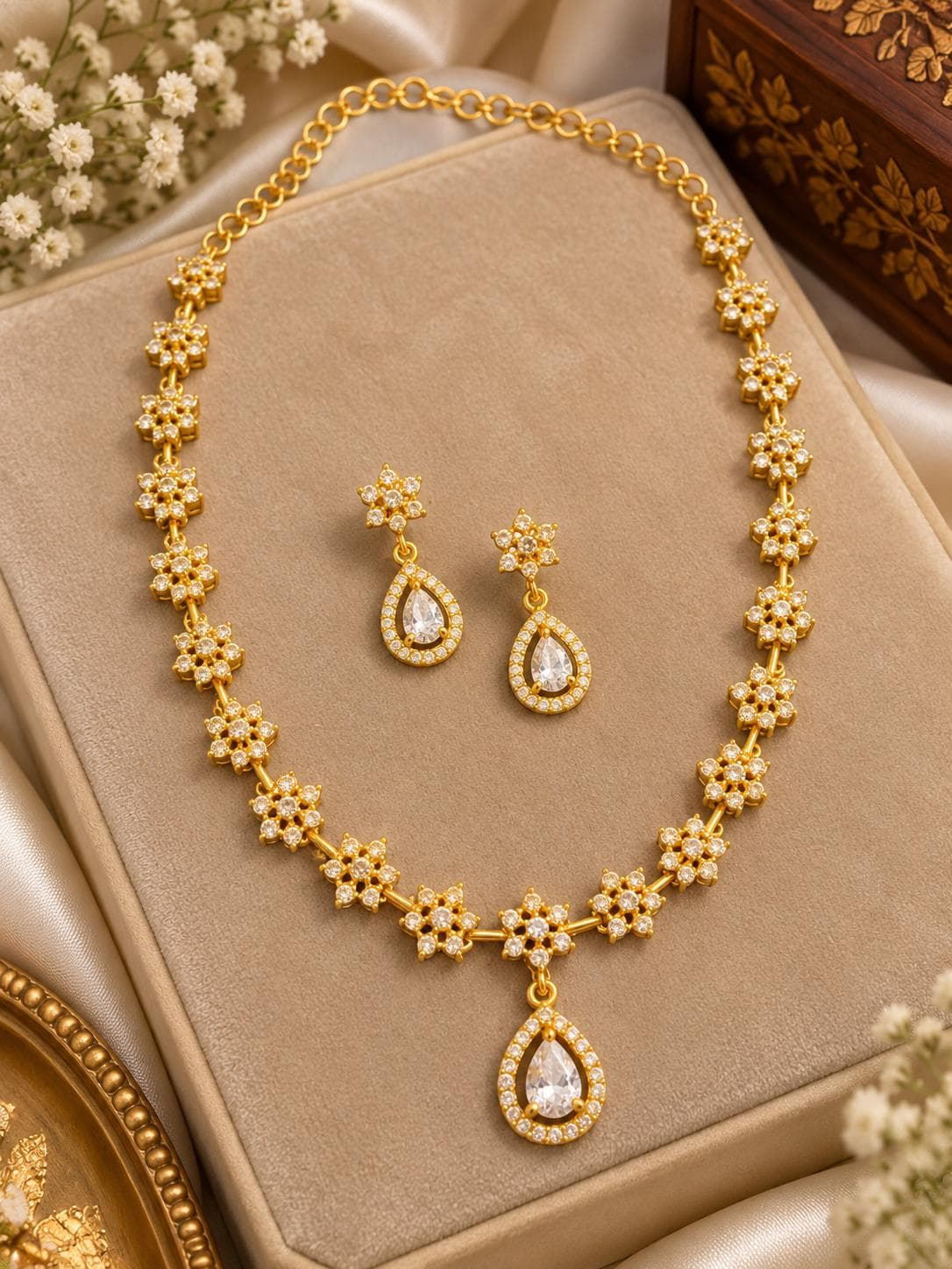 White Stone Floral Radiance Teardrop Necklace Set