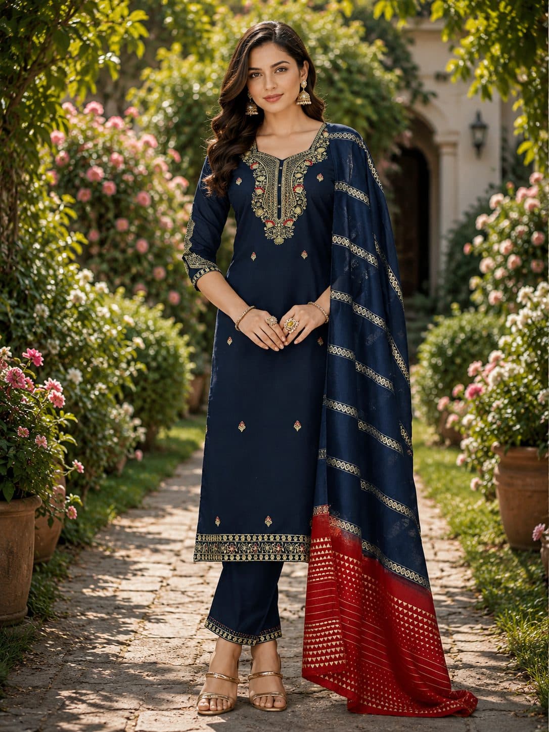 Blue With Red Kurti in Pure Roman