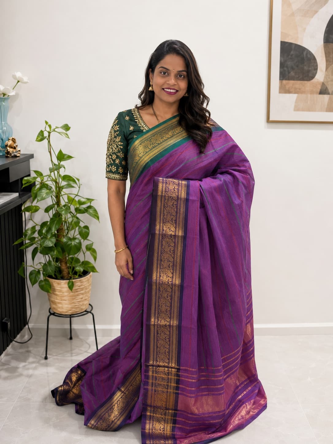 Green, Purple Semi Silk Saree
